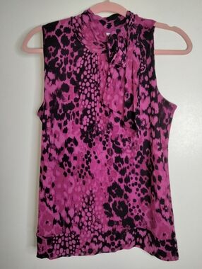 Emma James (Size M) Pink & Black Animal Pattern Stretch Sleeveless Tie-Neck Top